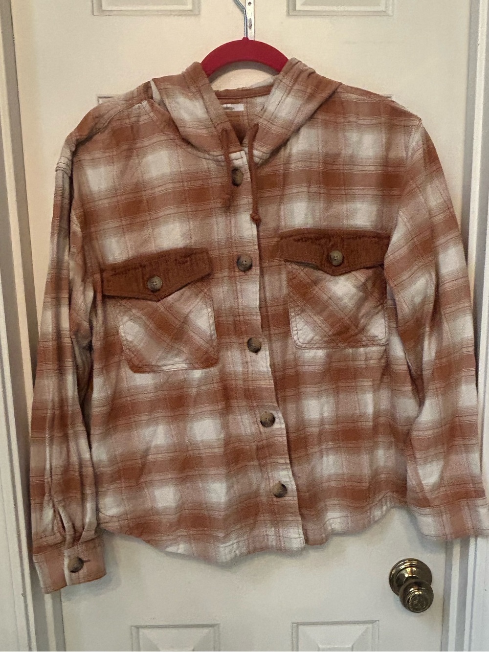 Maurices Hooded Plaid Button-Down Shirt Jacket - Brown & Cream